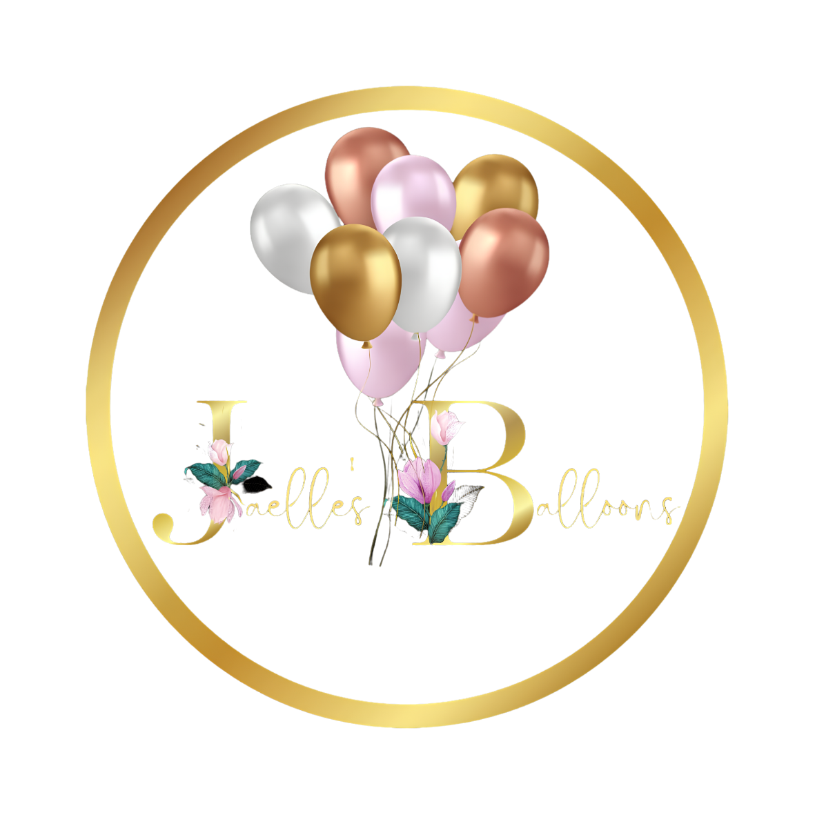 Jaelle Balloons logo — gold circular border with a cluster of blush, rose gold, champagne and white balloons