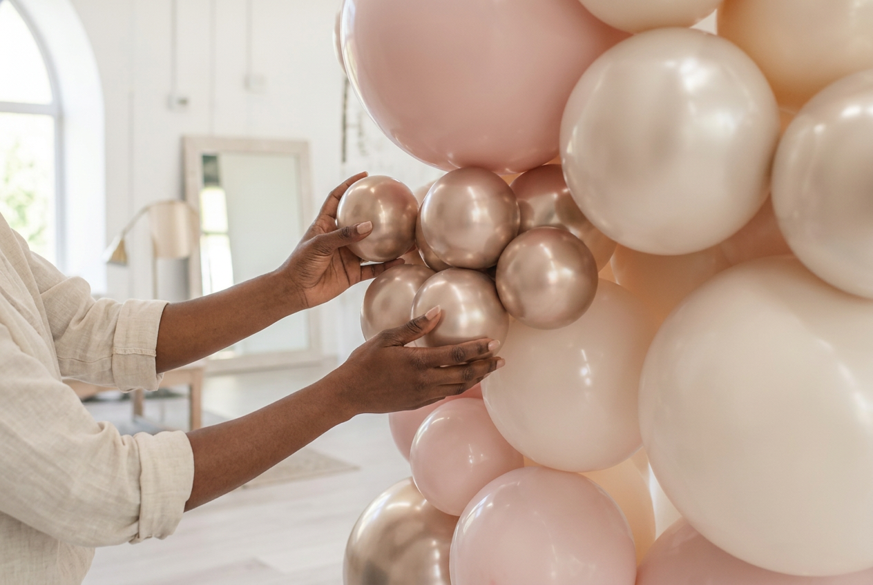Blush, ivory and gold balloon arch installation in a softly lit luxury event room